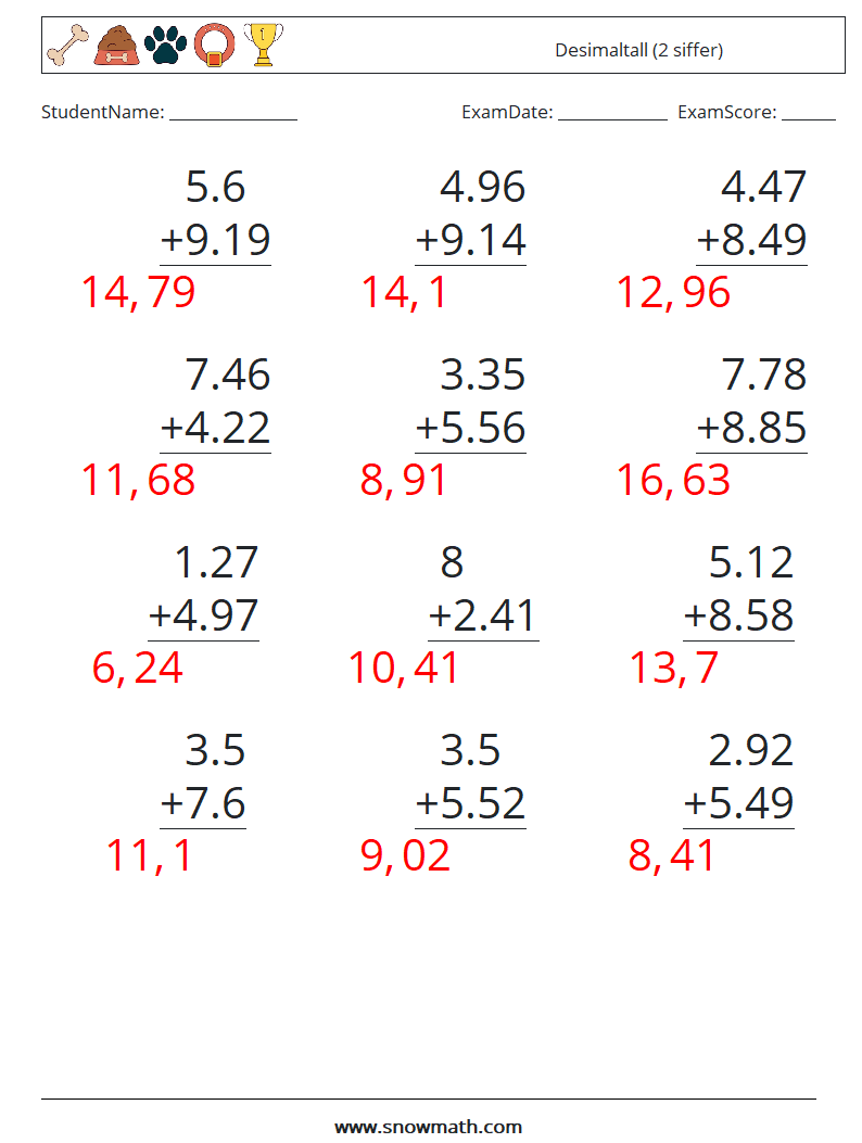 (12) Desimaltall (2 siffer) MathWorksheets 3 QuestionAnswer