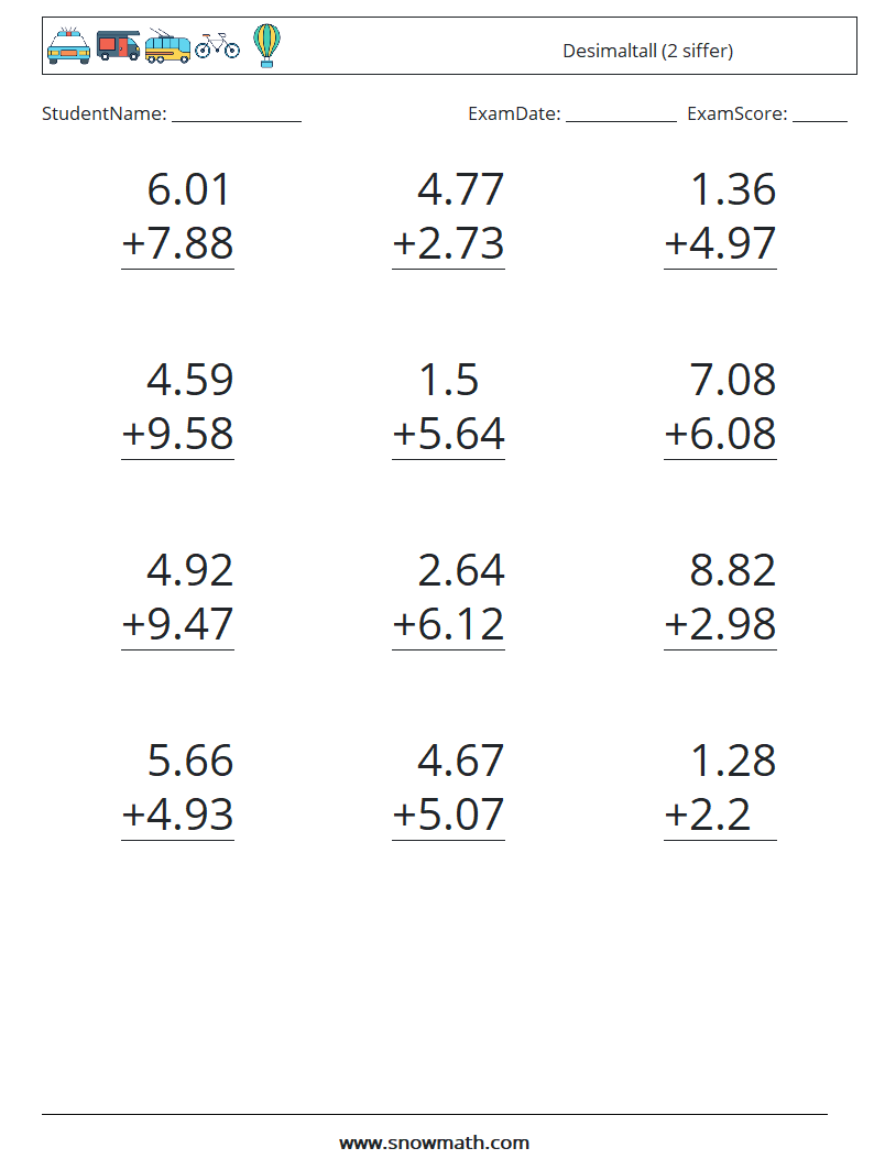 (12) Desimaltall (2 siffer) MathWorksheets 4