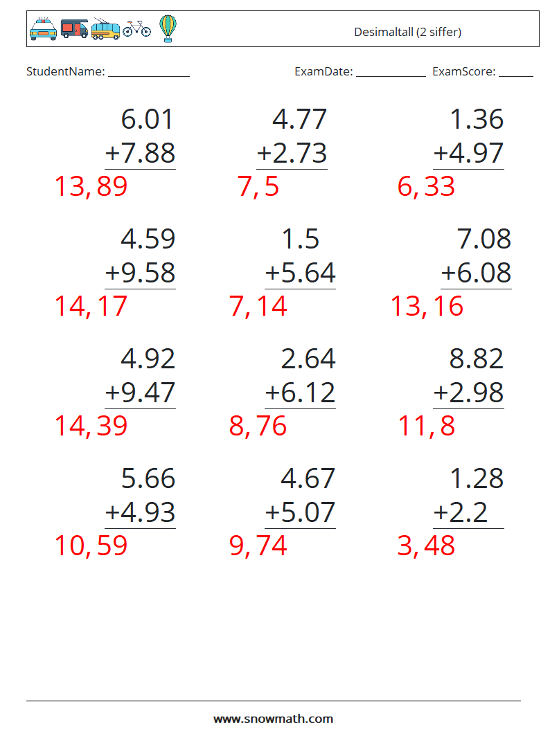 (12) Desimaltall (2 siffer) MathWorksheets 4 QuestionAnswer