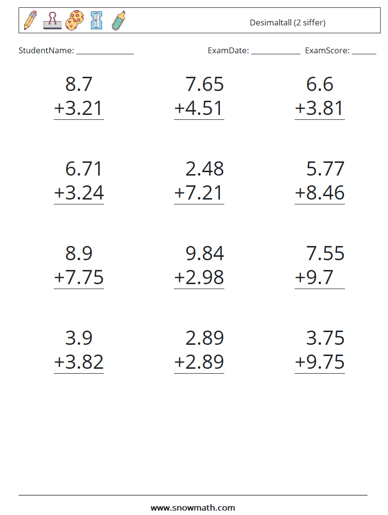 (12) Desimaltall (2 siffer) MathWorksheets 6