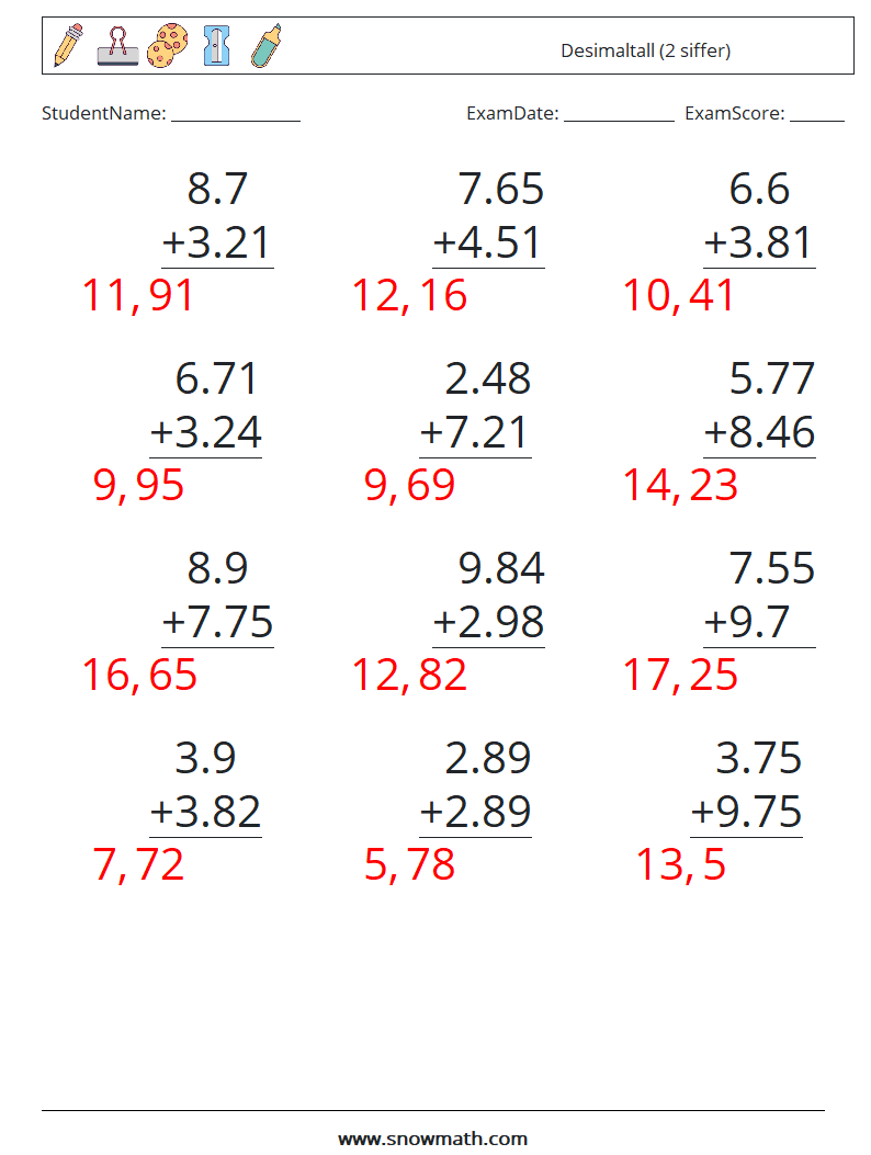 (12) Desimaltall (2 siffer) MathWorksheets 6 QuestionAnswer