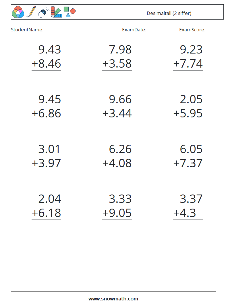 (12) Desimaltall (2 siffer) MathWorksheets 7