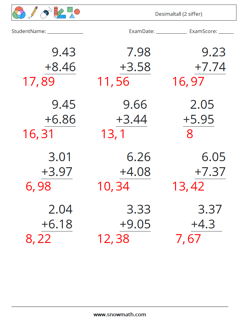 (12) Desimaltall (2 siffer) MathWorksheets 7 QuestionAnswer