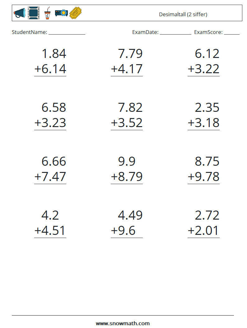 (12) Desimaltall (2 siffer) MathWorksheets 8