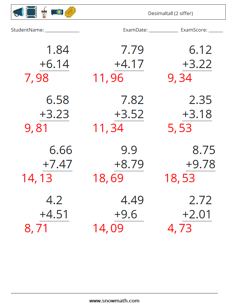 (12) Desimaltall (2 siffer) MathWorksheets 8 QuestionAnswer