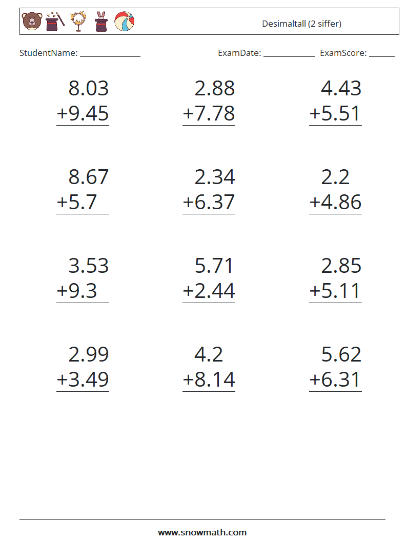 (12) Desimaltall (2 siffer) MathWorksheets 9