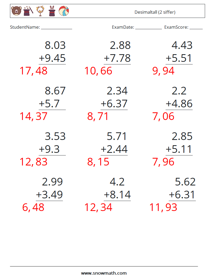 (12) Desimaltall (2 siffer) MathWorksheets 9 QuestionAnswer