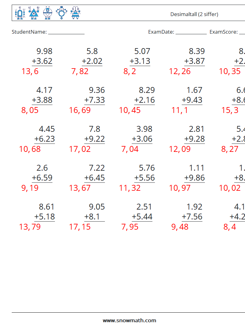 (25) Desimaltall (2 siffer) MathWorksheets 11 QuestionAnswer