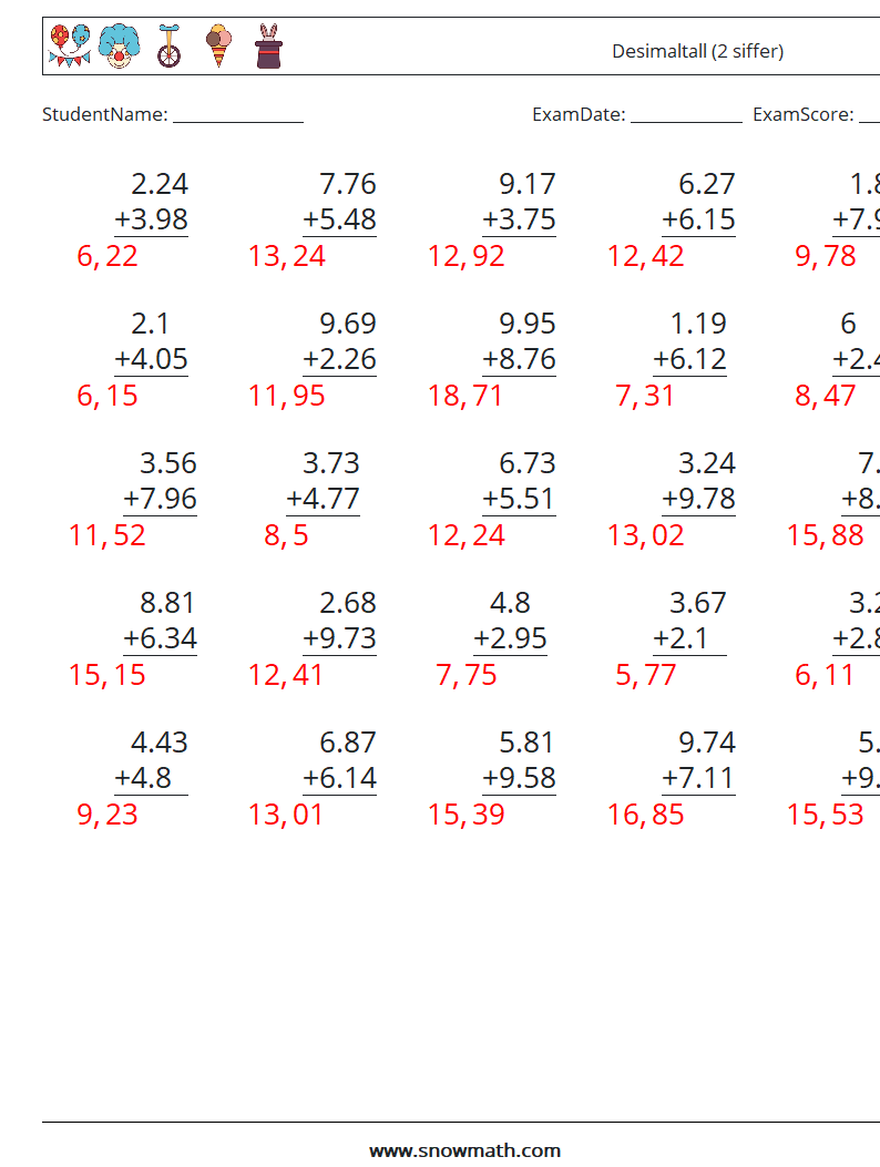 (25) Desimaltall (2 siffer) MathWorksheets 12 QuestionAnswer