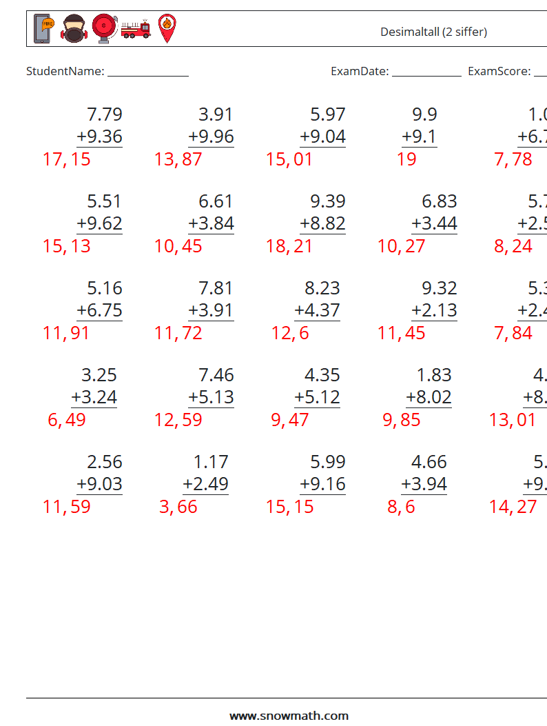 (25) Desimaltall (2 siffer) MathWorksheets 13 QuestionAnswer