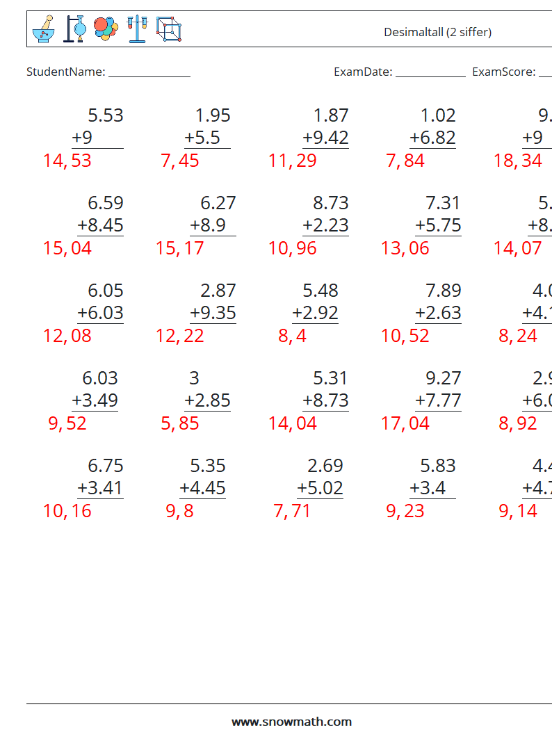 (25) Desimaltall (2 siffer) MathWorksheets 14 QuestionAnswer