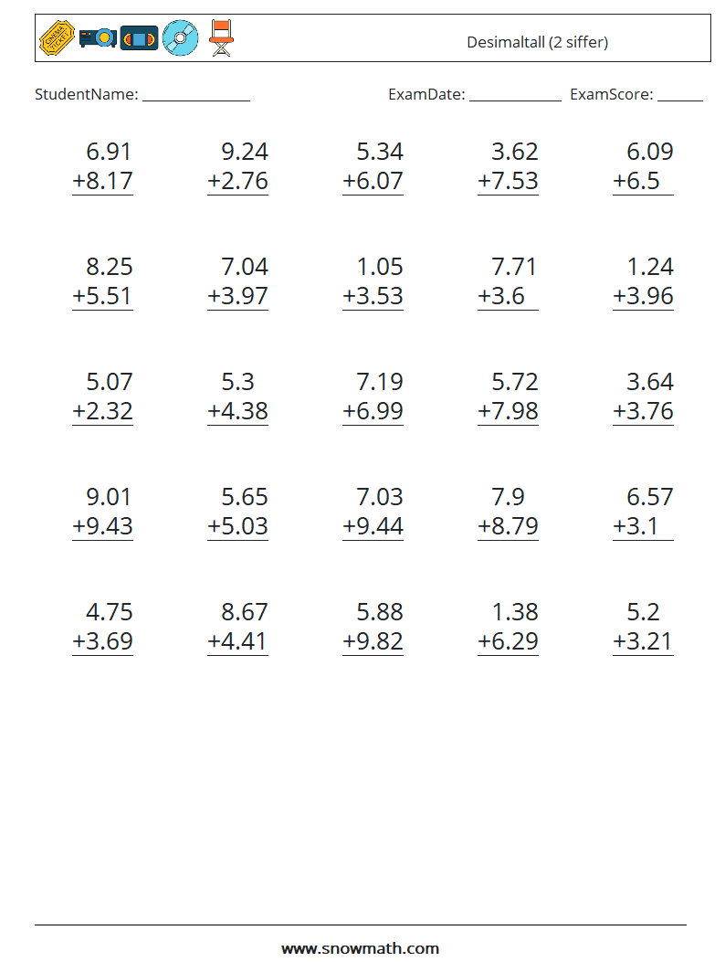 (25) Desimaltall (2 siffer) MathWorksheets 15