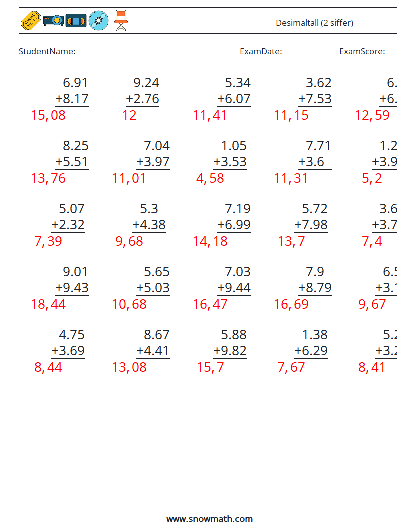 (25) Desimaltall (2 siffer) MathWorksheets 15 QuestionAnswer