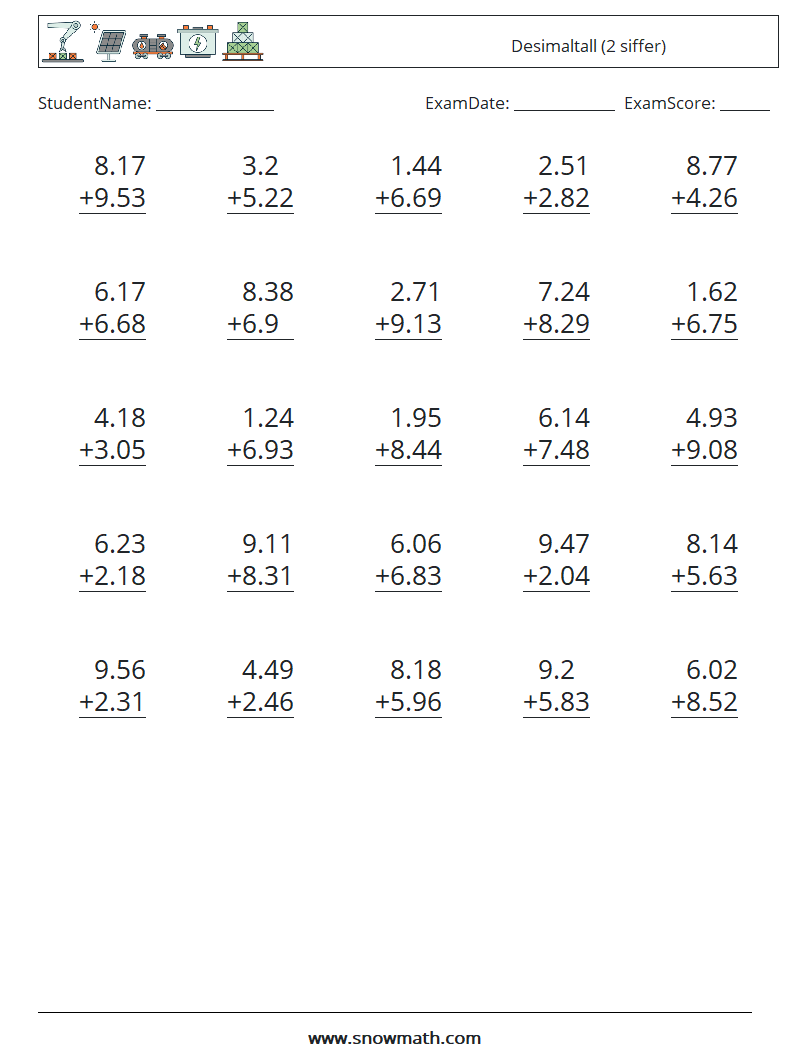 (25) Desimaltall (2 siffer) MathWorksheets 16