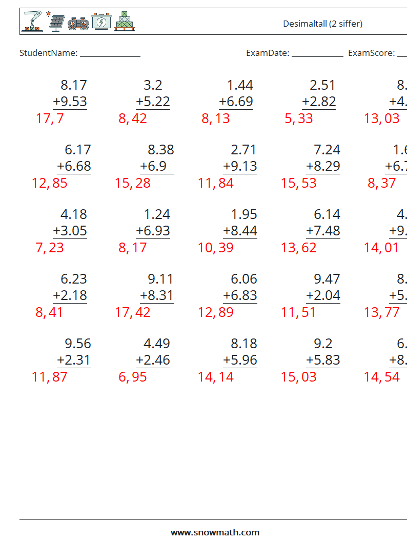 (25) Desimaltall (2 siffer) MathWorksheets 16 QuestionAnswer