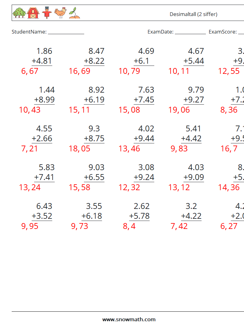 (25) Desimaltall (2 siffer) MathWorksheets 17 QuestionAnswer