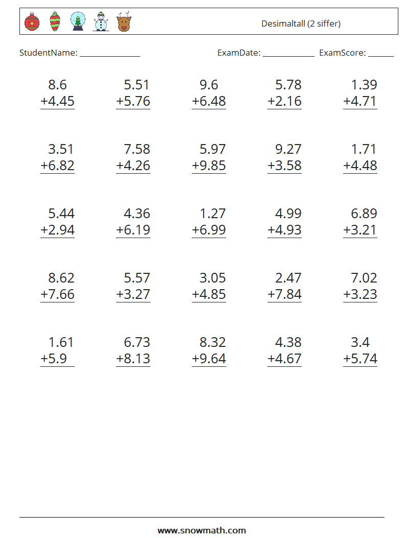 (25) Desimaltall (2 siffer) MathWorksheets 18