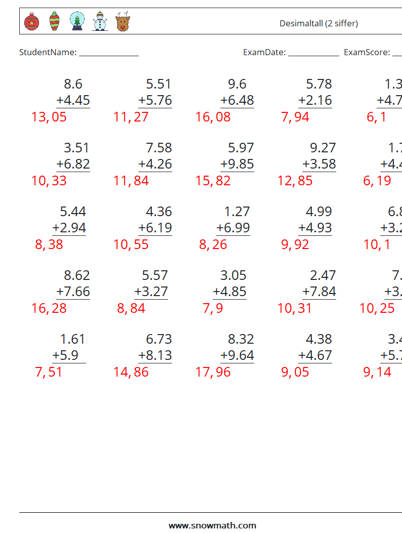 (25) Desimaltall (2 siffer) MathWorksheets 18 QuestionAnswer