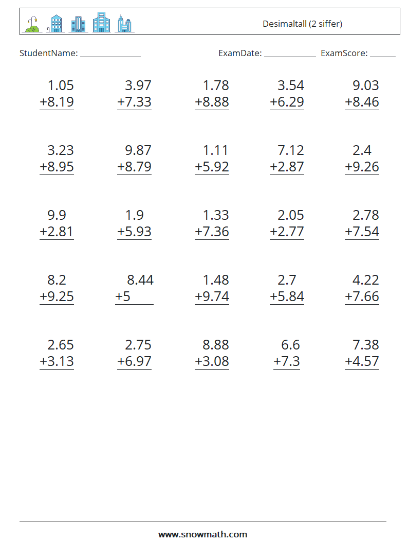 (25) Desimaltall (2 siffer) MathWorksheets 2