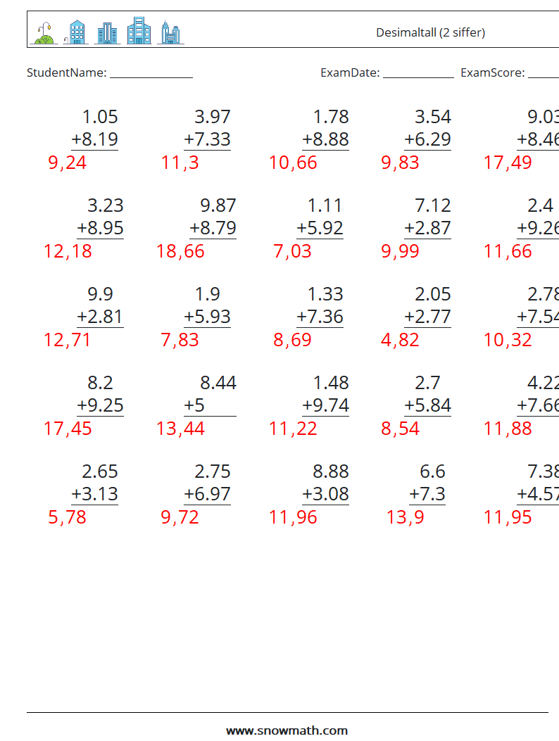 (25) Desimaltall (2 siffer) MathWorksheets 2 QuestionAnswer