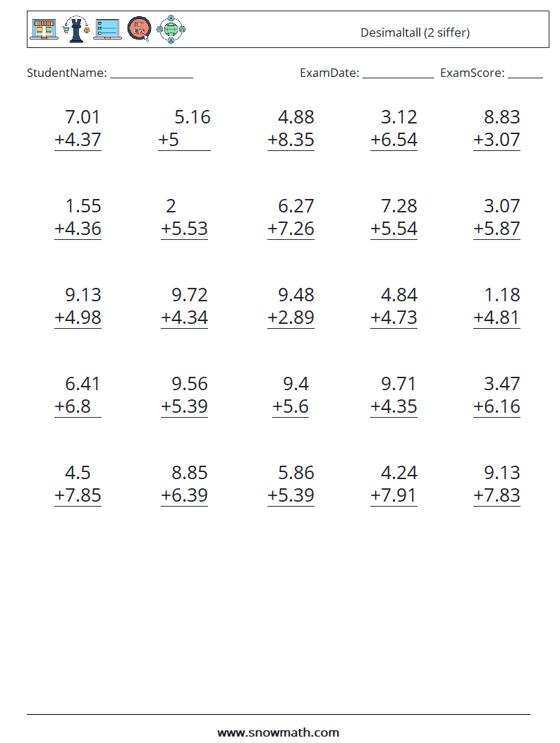 (25) Desimaltall (2 siffer) MathWorksheets 3