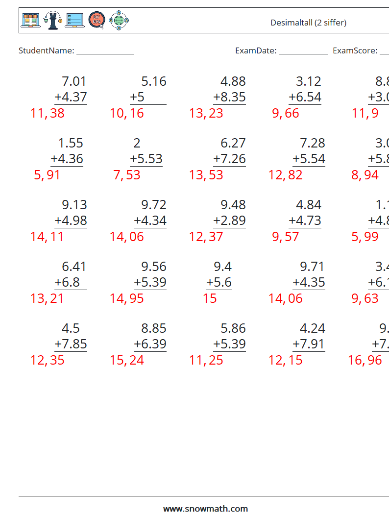 (25) Desimaltall (2 siffer) MathWorksheets 3 QuestionAnswer