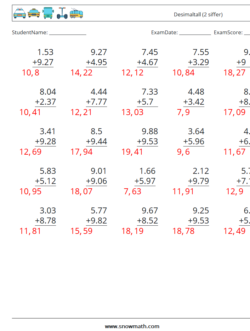 (25) Desimaltall (2 siffer) MathWorksheets 4 QuestionAnswer