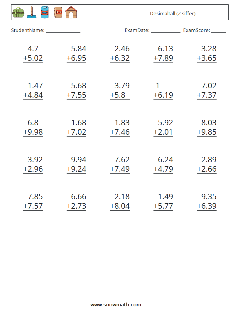 (25) Desimaltall (2 siffer) MathWorksheets 5