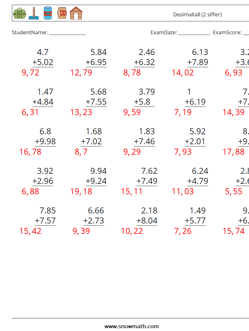 (25) Desimaltall (2 siffer) MathWorksheets 5 QuestionAnswer