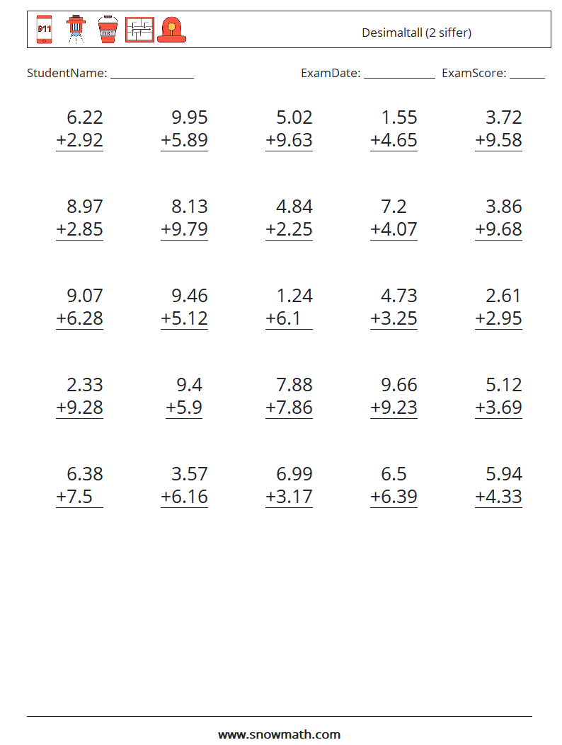 (25) Desimaltall (2 siffer) MathWorksheets 6