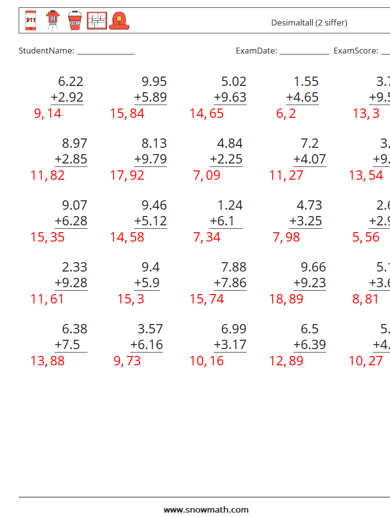 (25) Desimaltall (2 siffer) MathWorksheets 6 QuestionAnswer