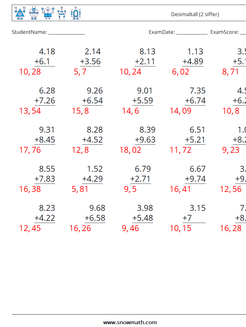 (25) Desimaltall (2 siffer) MathWorksheets 7 QuestionAnswer