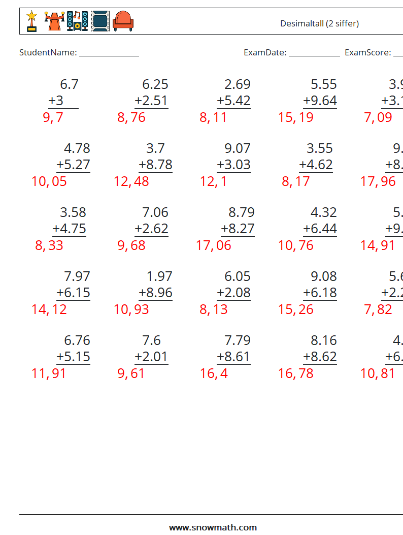 (25) Desimaltall (2 siffer) MathWorksheets 8 QuestionAnswer