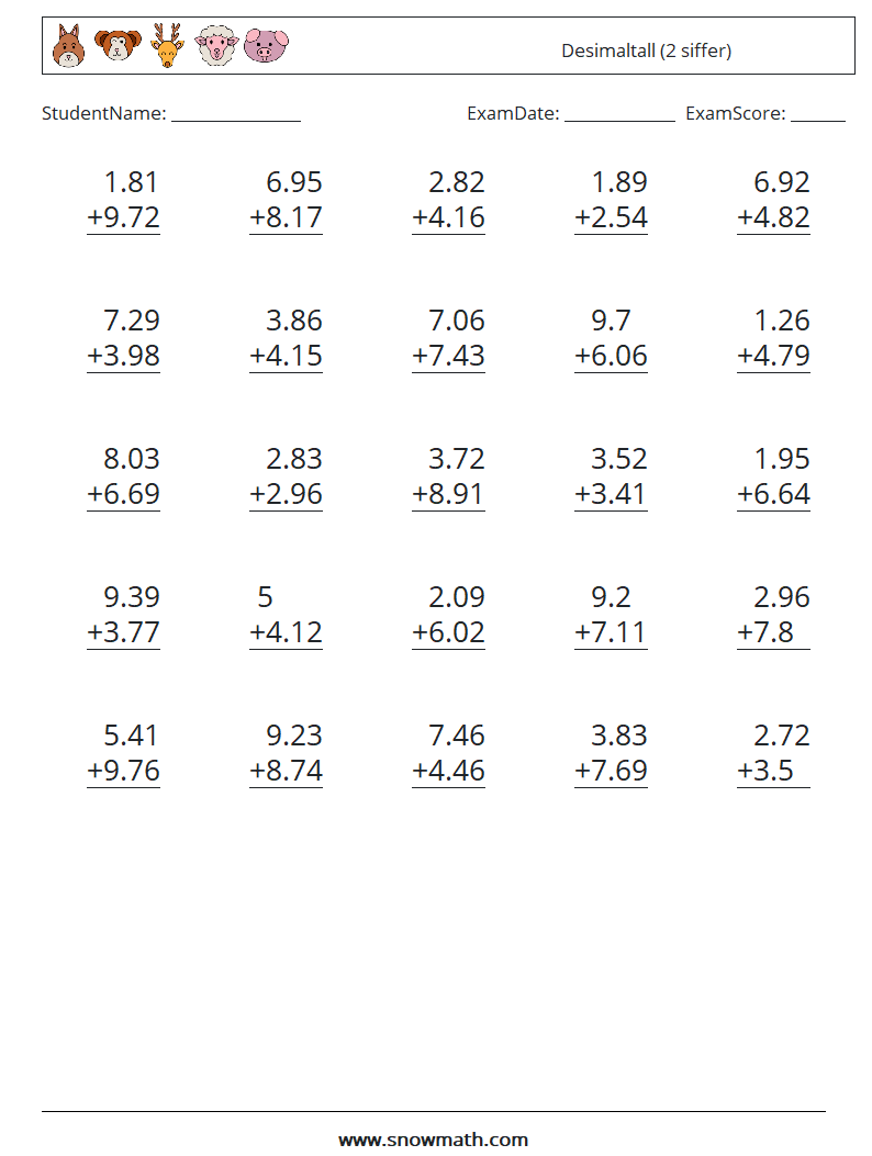 (25) Desimaltall (2 siffer) MathWorksheets 9