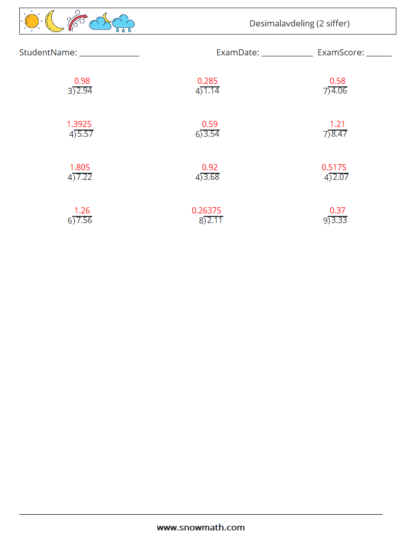 (12) Desimalavdeling (2 siffer) MathWorksheets 11 QuestionAnswer