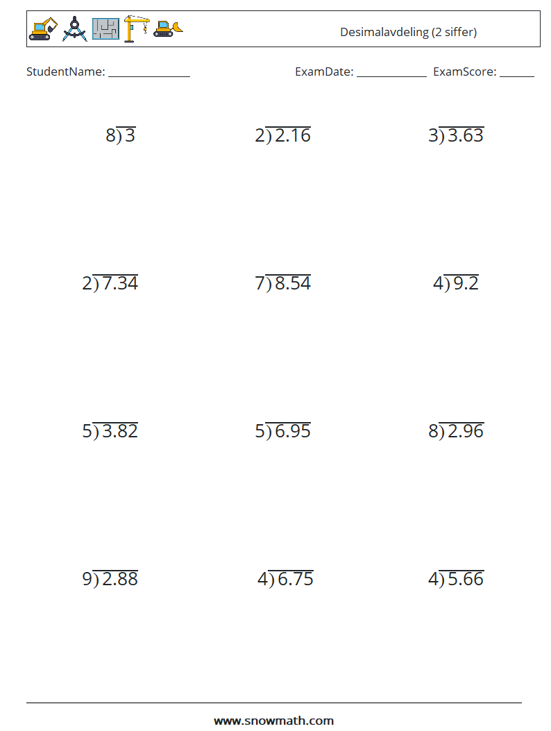 (12) Desimalavdeling (2 siffer) MathWorksheets 12