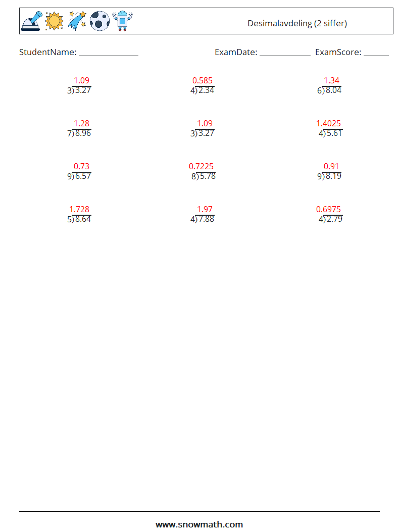 (12) Desimalavdeling (2 siffer) MathWorksheets 13 QuestionAnswer