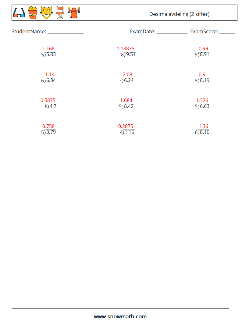 (12) Desimalavdeling (2 siffer) MathWorksheets 15 QuestionAnswer