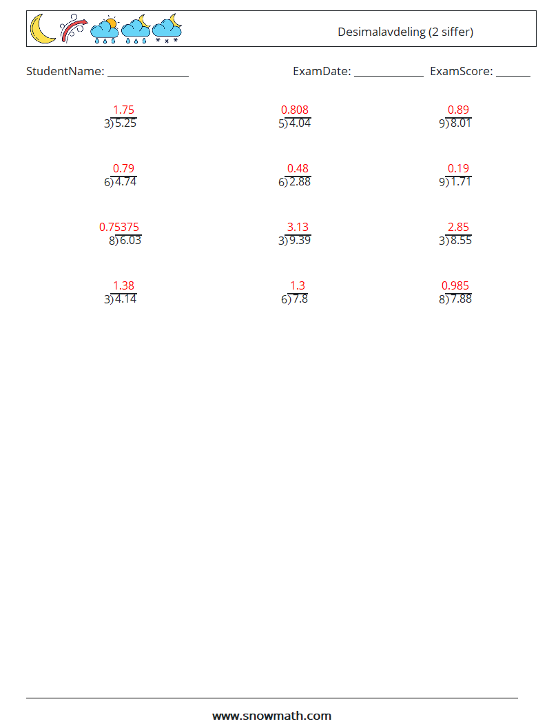 (12) Desimalavdeling (2 siffer) MathWorksheets 17 QuestionAnswer