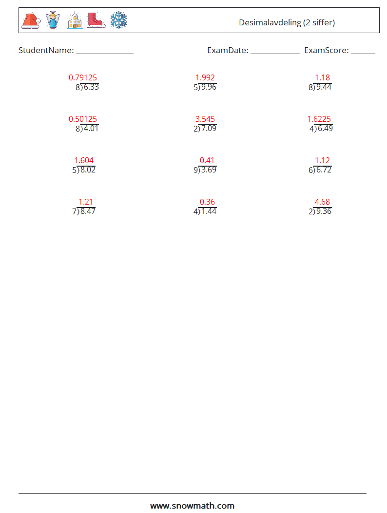 (12) Desimalavdeling (2 siffer) MathWorksheets 18 QuestionAnswer