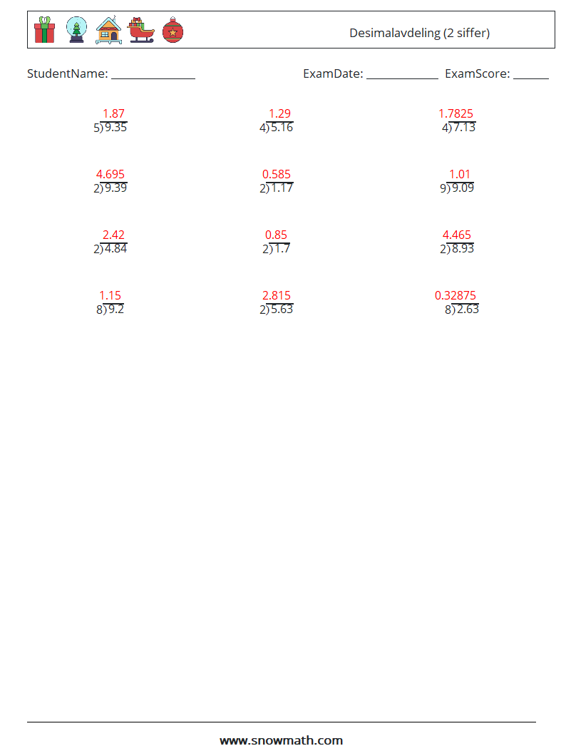 (12) Desimalavdeling (2 siffer) MathWorksheets 1 QuestionAnswer