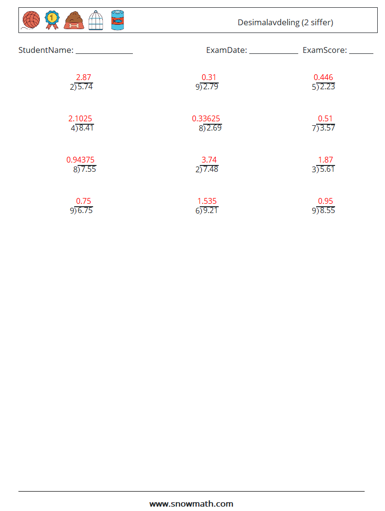 (12) Desimalavdeling (2 siffer) MathWorksheets 2 QuestionAnswer