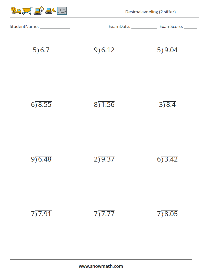 (12) Desimalavdeling (2 siffer) MathWorksheets 3