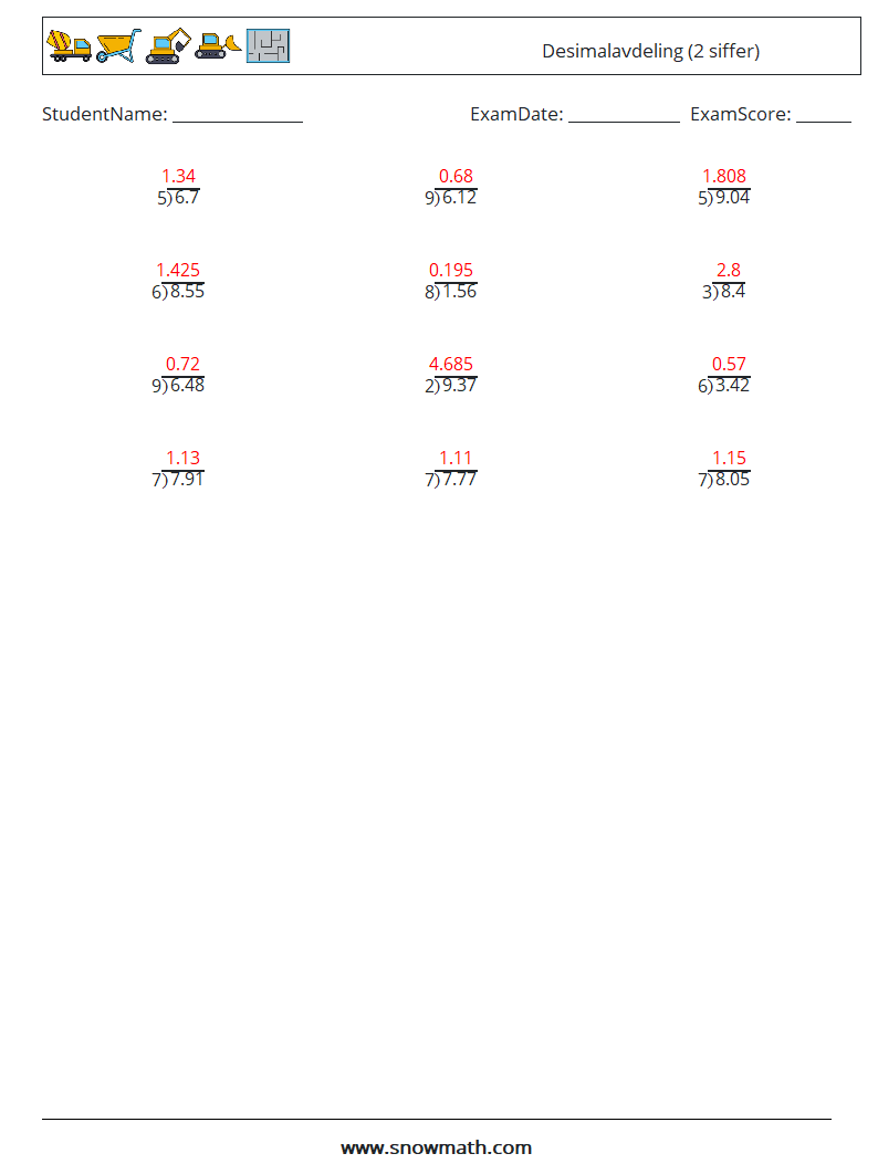 (12) Desimalavdeling (2 siffer) MathWorksheets 3 QuestionAnswer