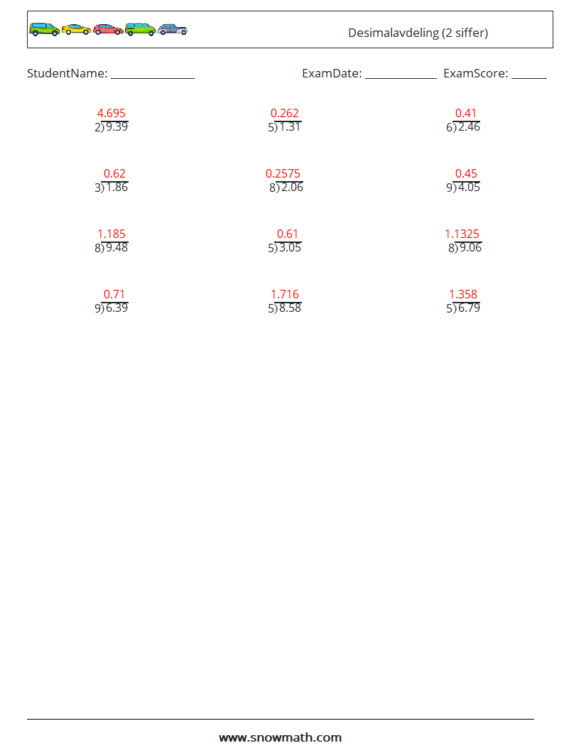 (12) Desimalavdeling (2 siffer) MathWorksheets 4 QuestionAnswer