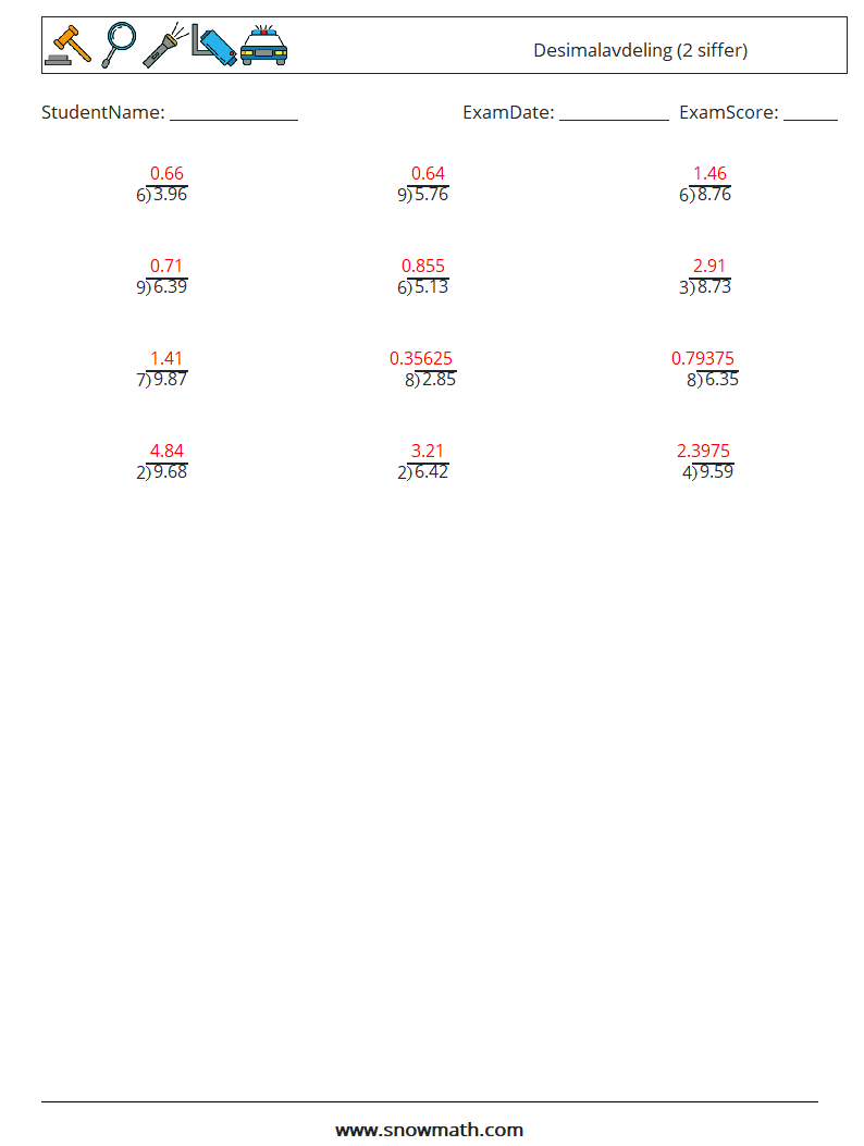 (12) Desimalavdeling (2 siffer) MathWorksheets 6 QuestionAnswer