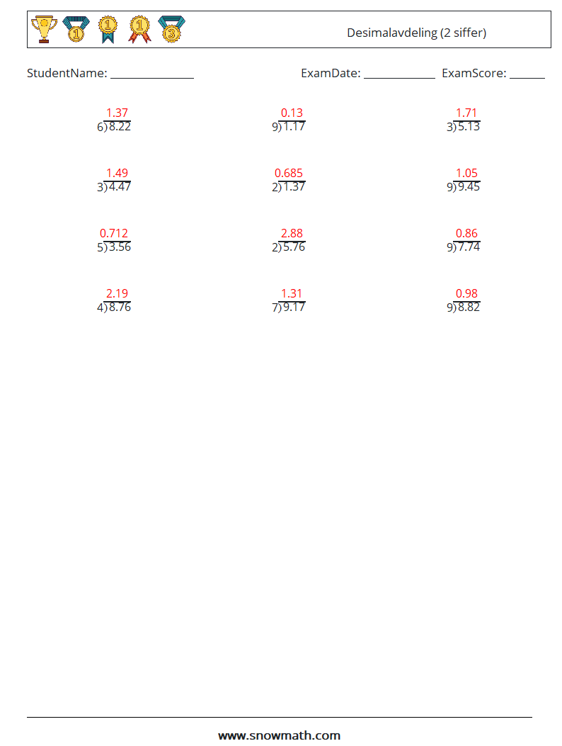 (12) Desimalavdeling (2 siffer) MathWorksheets 8 QuestionAnswer