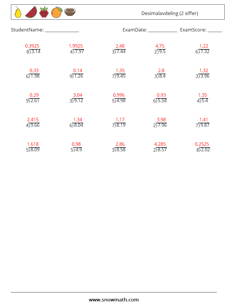 (25) Desimalavdeling (2 siffer) MathWorksheets 10 QuestionAnswer