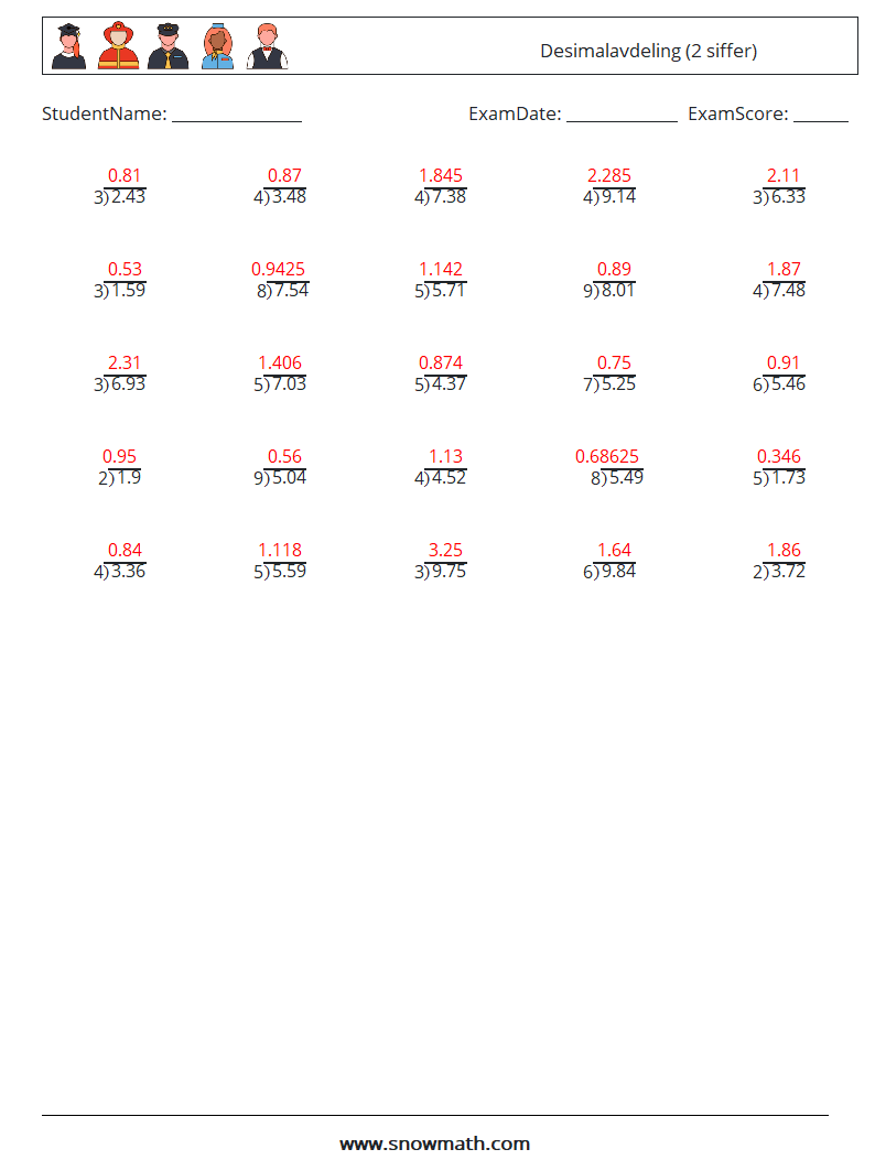 (25) Desimalavdeling (2 siffer) MathWorksheets 14 QuestionAnswer