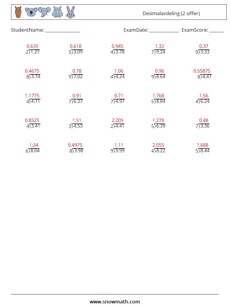 (25) Desimalavdeling (2 siffer) MathWorksheets 16 QuestionAnswer